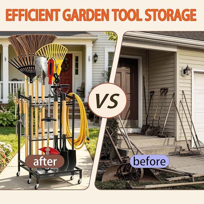 Garden Tool Organizer Rack with Wheels Up to 35 Tools, Heavy-Duty Steel Yard Tool Organizer for Garage Storage with 11 Hooks, Broom Holder & Garden Tool Rack for Shed, Patio, Lawn, Outdoor, Black