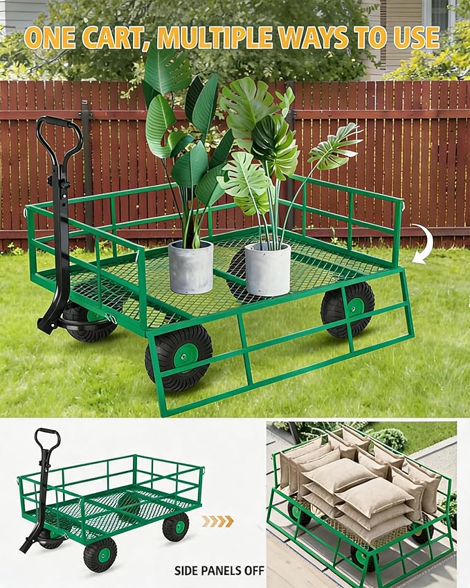 GarveeLife Heavy Duty Steel Garden Cart 1200 LBS Capacity 3 in 1 Pullable Garden Wagon with 13 in Wheels for Gardening Soil, Tools, and Plant Transport