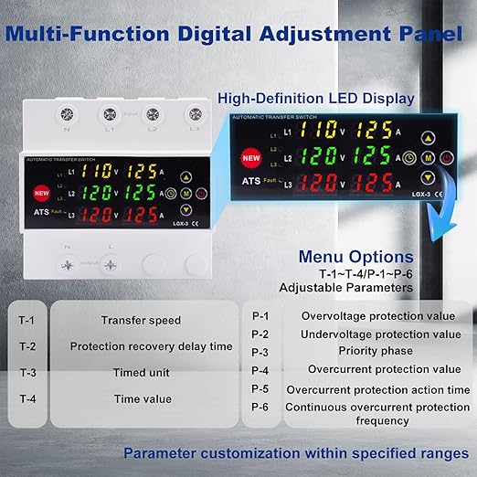 Automatic Generator Transfer Switch, 125A 120V 3 Pole Transfer Switch for Generator Backup Power & RVs, LED Display, Priority Phase Selectable, Over/Under Voltage Protection, DIN Rail Mount