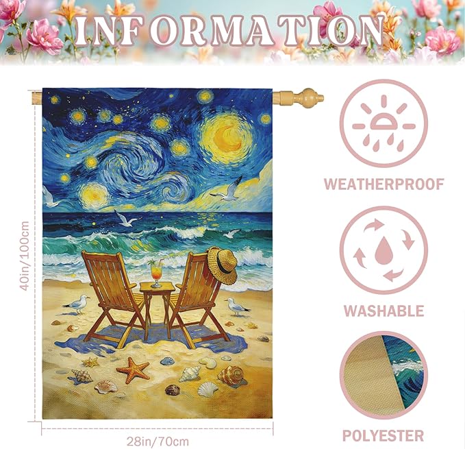 Beach Garden Flag Spring Summer Coastal House Flags Van Gogh Inspired Starry Night Style Ocean Seaside Chairs Yard Banner for Outside Lawn Patio Porch Seasonal Home Double Sided 28 x 40 Inch
