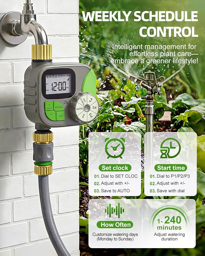 Brass Sprinkler Timer, IP55 Programmable Hose Water Timer with 3 Watering Program, Digital Watering System with Rain Delay & Manual Override, for Garden, Lawn, Yard Care - Green