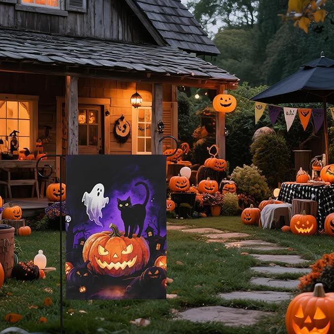 Halloween Pumpkin Ghost Black Cat Garden Flag 12x18 Inch Tree House Shadow Spooky Scary Holiday Decorative Yard Flags for Outside Double Sided Outdoor Home Farmhouse Decoration Porch Decor