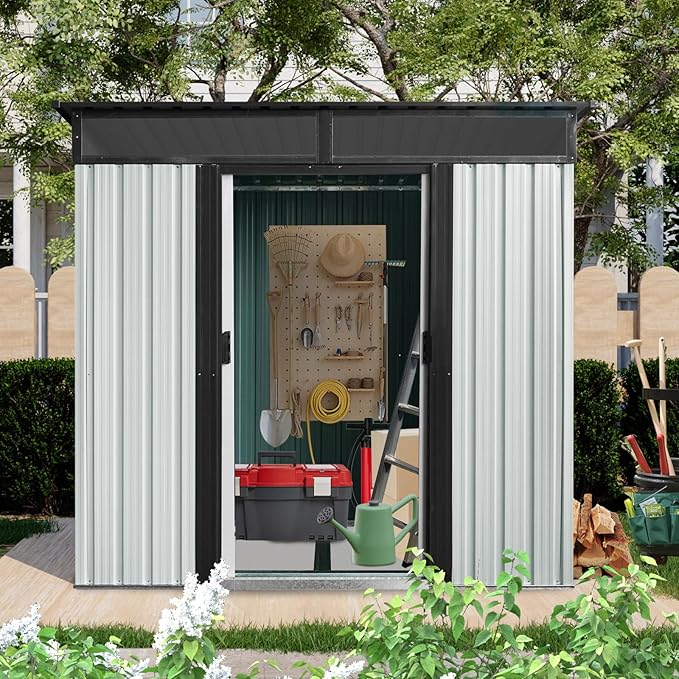 6FT x 5FT Outdoor Storage Shed, Heavy Duty Galvanized Steel Garden Shed with Sloped Roof, Sliding Lockable Doors, Punched Vents & Foundation Kit, Weather Resistant Tool Shed, White+Black with Window