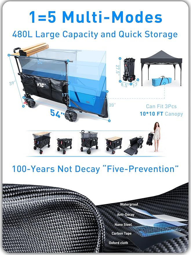 VIC 680lbs Super Cart & Table 1=5 Set, 480L Mega Capacity 54" Extra Long Extra high Folding Wagon, Heavy Duty Collapsible Carts with Brakes, All-Terrain Big Wheels for Camping, Store, Shopping