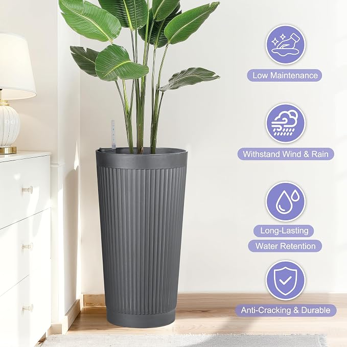 24in Tall Self-Watering Planters Set of 2, Gray | Water level indicator, Self-watering irrigation system, Non-toxic PP plastic, Weather Resistant, Indoor Outdoor Use