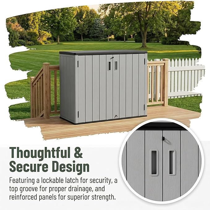 37 Cu. Ft Outdoor Storage Box, Waterproof Resin Shed with Lockable Lid, Horizontal Outdoor Storage Cabinet for Patio Garden Lawn Mower Bike Tools, Wood-Like HDPE Panels, Easy Assembly
