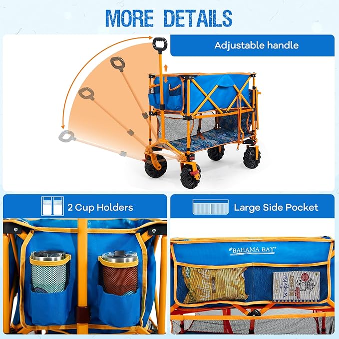 Old Bahama Bay 400L Collapsible Double Decker Beach Wagon with Brakes, Folding Beach Cart with 54" Extra Long Decker, 450LBS Heavy Duty Wagon Chart with All-Terrain Big Wheels for Sand Camping Garden