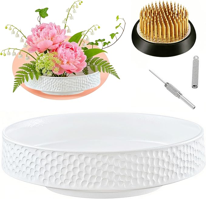 Japanese Ikebana Vase Kit, Flower Shallow Container Ceramics Flower Bowl Ikebana Vase with 1.57inch Flower Frog and Floral Frog Floristry Kenzan Needle Straightening Tool