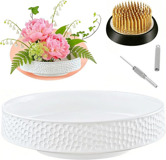 Japanese Ikebana Vase Kit, Flower Shallow Container Ceramics Flower Bowl Ikebana Vase with 1.57inch Flower Frog and Floral Frog Floristry Kenzan Needle Straightening Tool