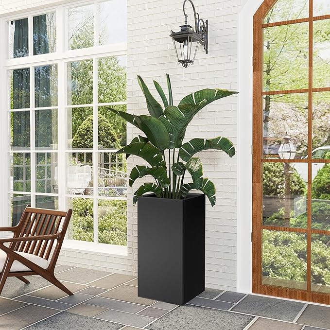 Nessxa Tall Metal Planter Box for Outdoor Plants 15" L x 15" W x 30" H, Heavy Duty Steel Planter Box with Removable Insert Shelf, Rectangular Planters for Porch, Garden, Yard, Hotel (Black)