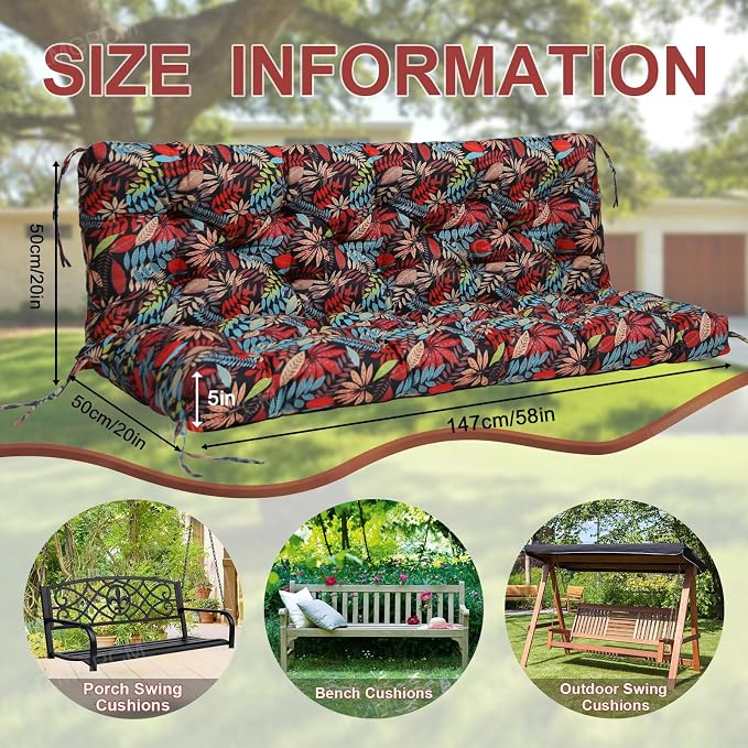 Premium 5" Thick Waterproof Outdoor Swing Cushions Sturdy Durable 2-3 Seat Replacement Porch Swing Cushions with Backrest&Ties Bench Cushion for Outdoor Furniture Backyard Patio (Flower01)