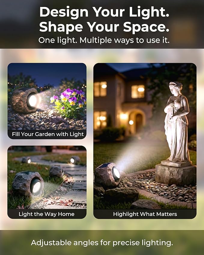 2 Pack Solar Rock Lights Outdoor, Angle Adjustable Solar Lights Outdoor Waterproof, LED Solar Garden Lights, Auto On/Off Landscape Lighting for Yard Pathway Patio Flower Bed - White Glow (Stone Brown)