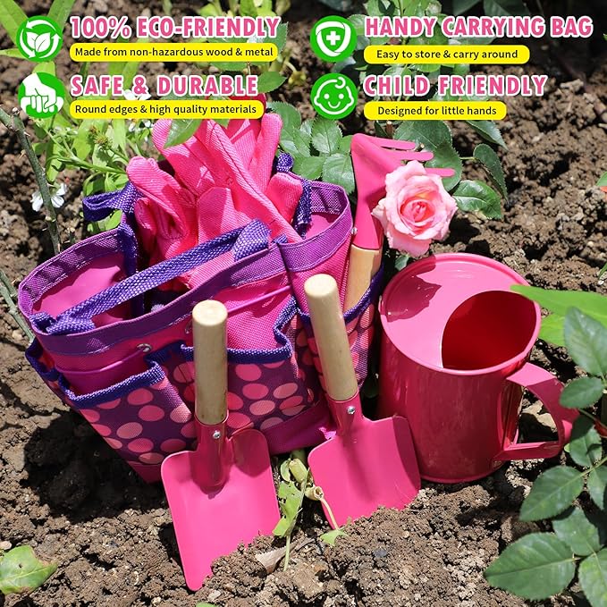 Kids Gardening Tools Set, Toddler Play Kit Child Outdoor Toy with Gloves, Watering Can, Metal Shovel, Rake, Spade & Storage Bag, Backyard Sand Digging Holiday Birthday Gift for Boy Girl 3 4 5 (Pink)