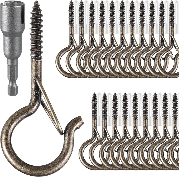 FSAH 50 Pack Screw-in Hooks for Outdoor String Lights, Q Hanger Hooks for Outside, Swivel Hanging Basket Patio Hook with Safe Buckle, Plant Eye Hook for Wall Ceiling with 1 Wing Nut Driver, Copper