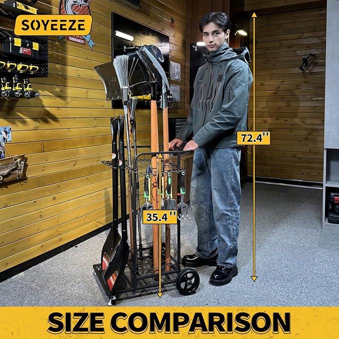 SOYEEZE Garden Tool Organizer with Large Wheels, Heavy Duty 3-Tier Yard Tower Tool Rack for Garage, Holds Up to 35 Long-Handled Tools, Garden Tool Cart with 12 Hooks for Tool Organization Storage