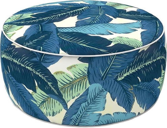 LVTXIII Indoor/Outdoor Inflatable Ottoman with Handle D21 x H9 Inch, Weather-Resistant Round Footstool Pouf for Patio Camping Living Room, Portable Footrest Extra Seating, Swaying Palms Blue