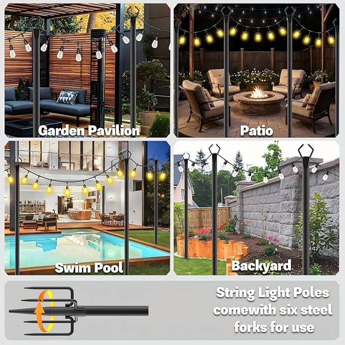2 Pack 10 ft Heavy Duty Metal String Light Poles Adjustable Outdoor Lighting Stand for Patio,Backyard,Garden,Party & Wedding Rustproof & Sturdy with Hooks