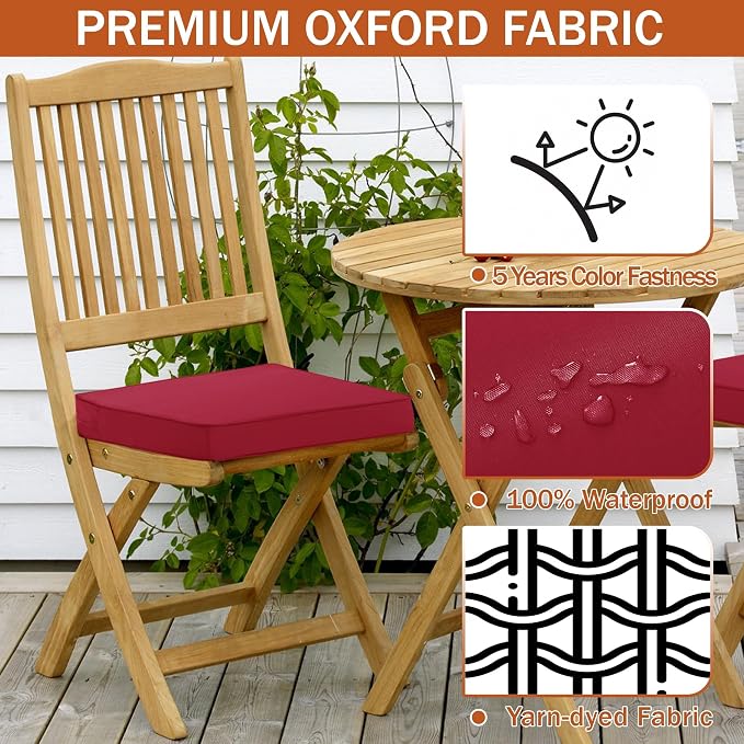 Outdoor Chair Cushions 16 x 17 Inch, Set of 4, Water Resistant Patio Chair Cushions with Tie 3 Year Color Fastness Thick Outdoor Seat Cushion for Garden Lawn Patio Furniture Burgundy