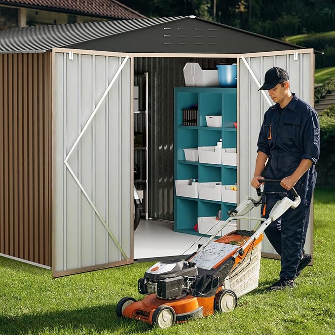 Garvee 8x12ft Metal Shed, Outdoor Garden Tool Storage Shed with Lockable Doors, Large Metal Shed with Sturdy Frame Structure, for Backyard, Patio, Lawn, Brown