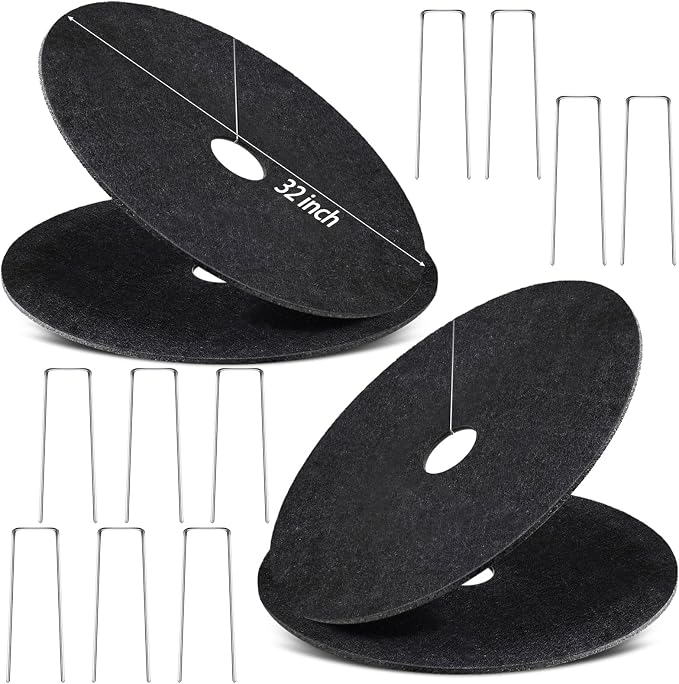 4 Pack Non-Woven Tree Mulch Ring, 32 Inch Degradabl Tree Protection Mat, Weed Barrier Round Mats with 10 Staples Stakes for Weed Growth RootProtection Resistant and Reusable