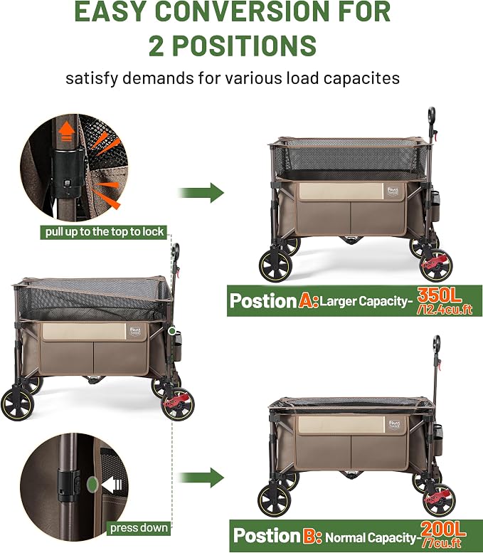 Timber Ridge 350L Extra Large Collapsible Folding Wagon Carts with Brake, Heavy Duty Outdoor Camping Utility Wagons with Extended Height, Adjustable Handle, Cup Holders, Side Bag(Tan)