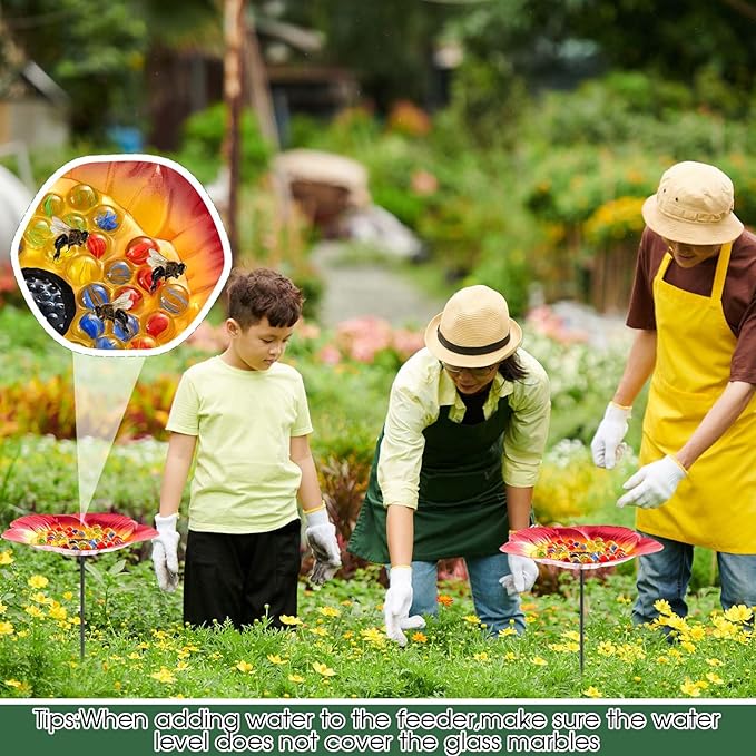 Tandefio Vivid Flower Bee Watering Station Metal Butterfly Water Feeder Cup with 30 Colorful Glass Marbles Bee Feeder Butterfly Bath Bowl for Garden Outdoor Yard Decors(Red,Flower)