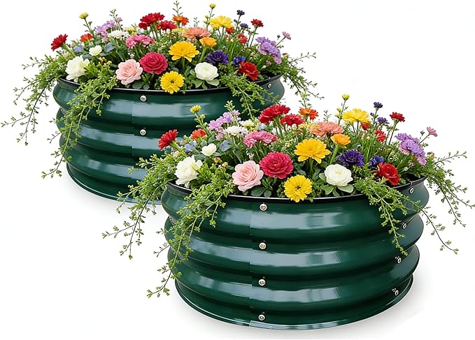 GrowHaus 2x2x1FT Galvanized Raised Garden Bed, Planter Boxes Outdoor Round Metal Garden Beds for Planting Vegetables Flowers Herbs 2 Pack Dark Green