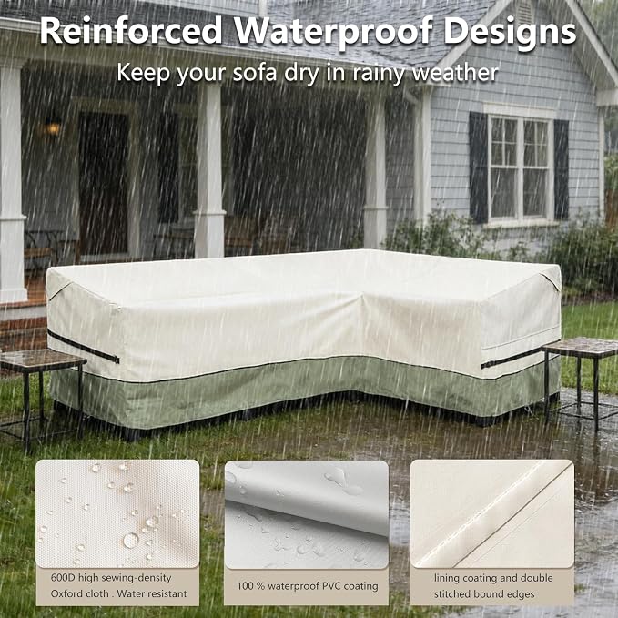 okcool Outdoor Sectional Cover,L-Shaped Patio Furniture Covers for 4-Seater Outdoor Sectional Furniture Couch 85”W (Back Length) x 58”W (Right Side),White&Grayish Green