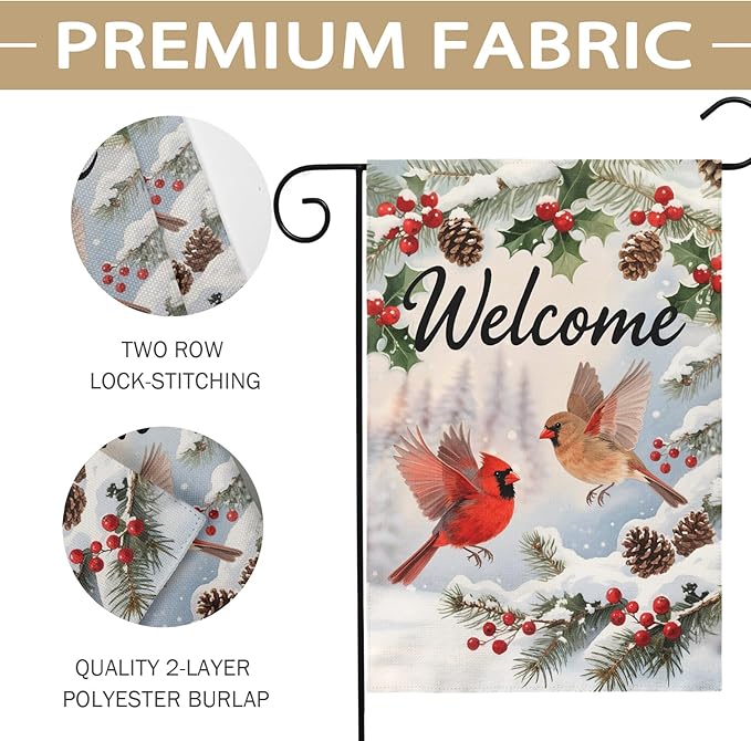 Welcome Winter Garden Flag 12x18 Inch Cardinal Bird Xmas Holiday Seasonal Theme Decorative Yard Flags for Outside Double Sided Outdoor Home Farmhouse Decoration Porch New Year Decor