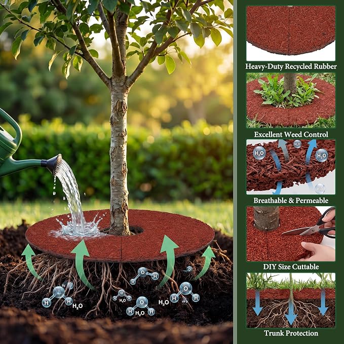 Peryiter 2 Pcs Double Side Rubber Mulch Tree Ring, Heavy Duty Rubber Mulch Mat, Tree Root Protector Mat Reversible Round Root Ring Weed Barrier for Prevent Animal Dig (Red)