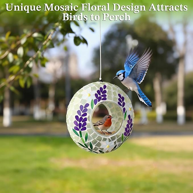 SAVENNA Mosaic Glass Hanging Bird Feeder, 6.3 Inch Handcrafted Outdoor Feeder with Steel Wire Rope, Decorative Garden & Patio Feeder for Wild Birds, Lavender Floral Mosaic Design