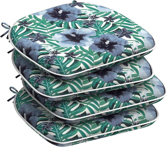 DYTXIII Set of 4 Outdoor Chair Cushions with Ties,Water Repellent Patio Chair Pads 17"x 16" for Outdoor Furniture,Round Corner Seat Cushions for Garden Yard Kitchen Blue Salmone Tropical