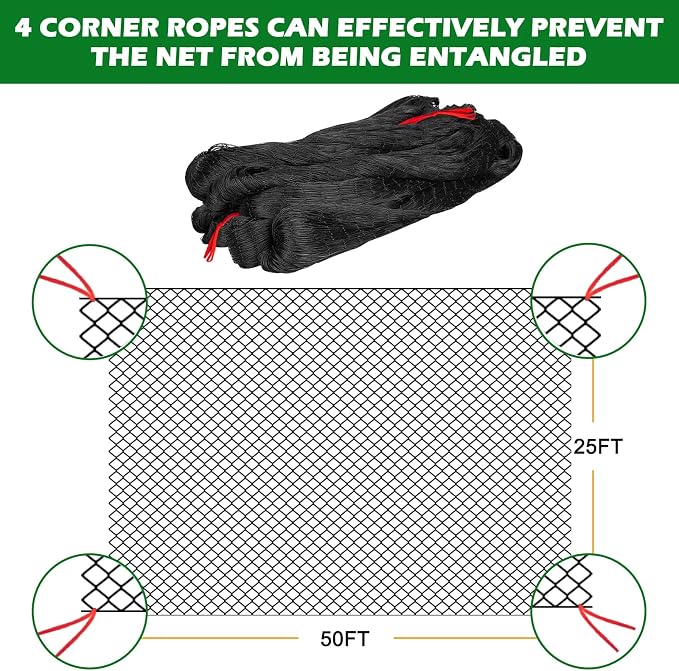 BSTPCOO Bird Netting 25'x50' with 2" Mesh Garden Net with Bird Scare Tape, Avian Nettings for Chicken Coop Roof, Heavy Duty Nylon Nettings for Garden, Chicken Coop Netting Fruit Tree Net