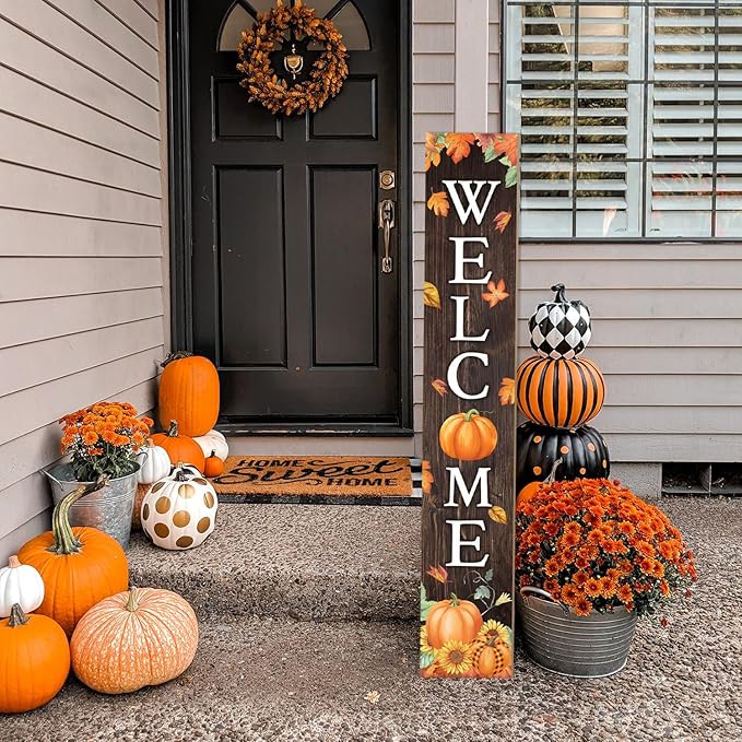 Fall Welcome Sign For Front Porch Fall Porch Sign Maple Leaf Pumpkin Sunflower Thanksgiving Decor Indoor Outdoor Autumn Wooden Vertical Sign For Patio Front Door Porch Wall Yard