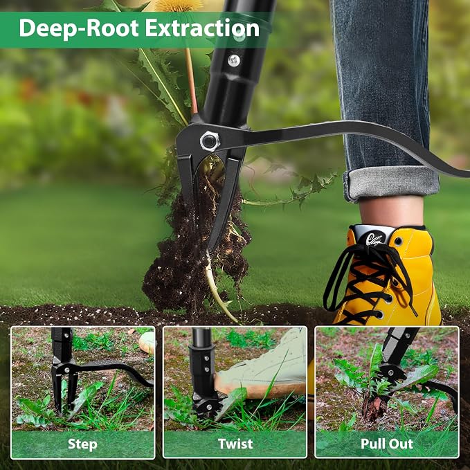 4-Claw Steel Weed Puller Tool, Heavy Duty Stand Up Weeder with Long Handle 46” for Easily Remove Weeds Without Bending, Pulling or Kneeling(Black)