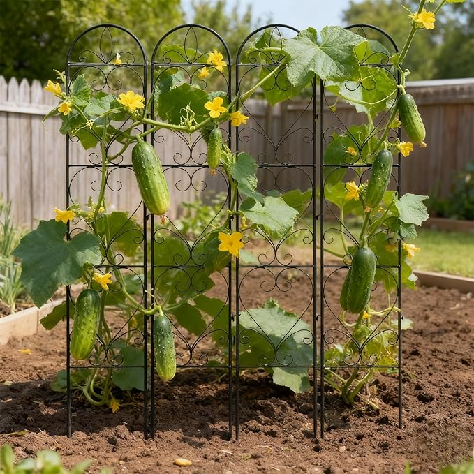 4PCS Metal Garden Trellis for Climbing Plants Outdoor, Heavy-Duty Cucumber Tomato Trellis for Raised Garden Bed, Decorative Wrought Iron Trellis Arch for Wedding Party Decor