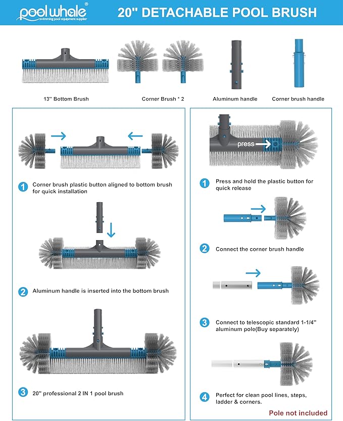 20'' Pool Brush Head, Detachable Pool Cleaning Brush with Durable Around Nylon Bristles, EZ Clip Aluminum Handle- Clean Swimming Pools Walls, Steps & Corners Faster