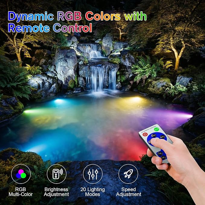 POPOSOAP RGB Underwater Pond Lights, IP68 Waterproof LED Pond Lights with Remote, Timer & Memory Function Fountain Lights for Pond Fountain Waterfall Aquarium Swimming Pool Outdoor Decoration 4-Head
