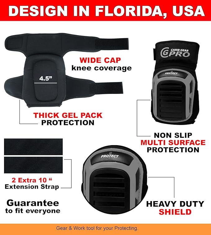 CARIB GEAR PRO Men's Professional Construction Knee Pad for Work - Heavy Duty Pad, Extra Thick Gel & Foam Cushion for Gardening Flooring & Cleaning Non-slip Waterproof Material - One Size - Black