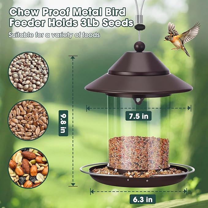Metal Bird Feeders for Outdoors, Hanging Metal Roof Bird Feeder with 3lb Clear Tube Seed Capacity for Viewing Cardinal Finch, Wild Birdfeeders for Outside Garden Yard Decoration