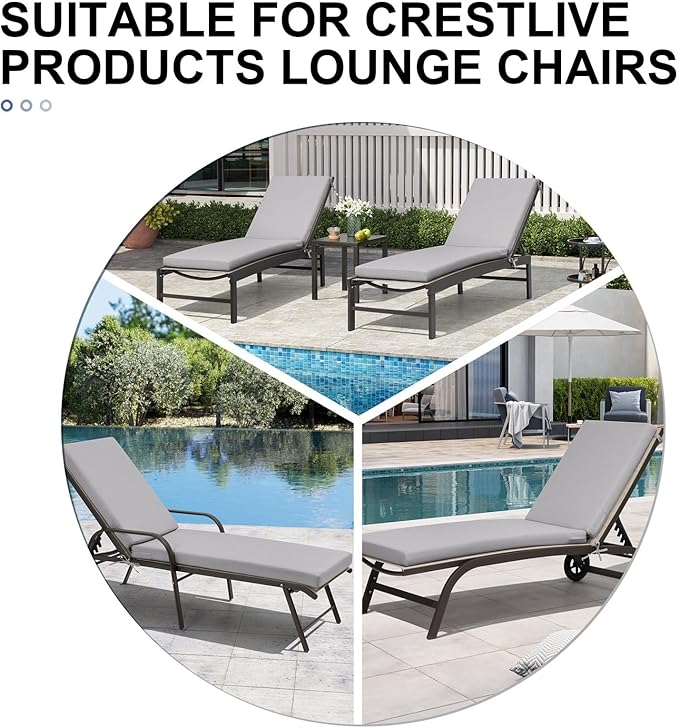 Crestlive Outdoor Chaise Lounge Cushions, 3 Years Fade Resistant Water Resistant Lounge Chair Cushion, 80''L x 23''W, Set of 2, Light Gray