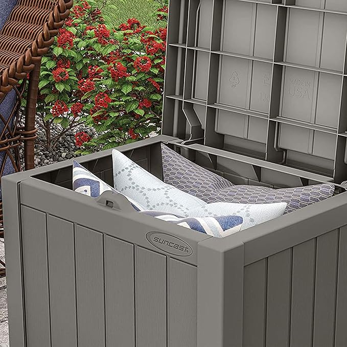 Suncast 22 gallon Indoor/Outdoor Backyard Patio Small Storage Deck Box with Attractive Bench Seat and Reinforced Lid, Stone (3 Pack)