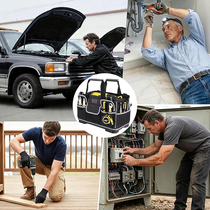 Tool Bag, Ounic 18 Inch Large Tool Tote Bag Heavy Duty With Waterproof Molded Base, Wide Mouth Tool Box Organizer with Adjustable Shoulder Strap for Electrician Mechanic Craftsman Plumbers(Black)