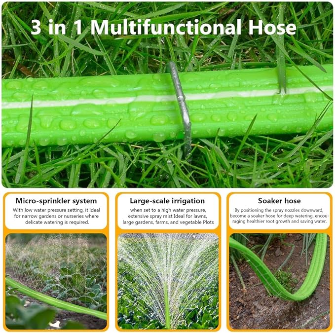 LAVEVE Heavy Duty Sprinkler Soaker Hose 75 FT, Flat Garden Hose with Holes, Efficient Flexible Irrigation Hose for Yard, Lawn and Garden, Includes Stakes (25FT x 3Pack)