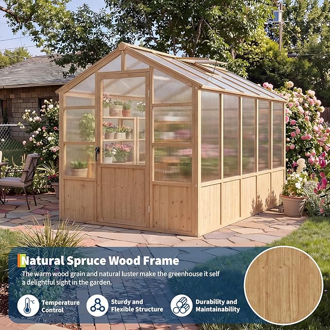 GarveeLife 6'x10' Wooden Greenhouse for Outdoor, Large Walk-in Greenhouse Kit with Ventilated Window, Door & Polycarbonate Panels, Heavy Duty Wood Frame Green House for Patio Garden Backyard