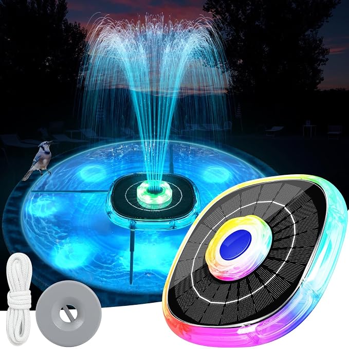 Solar Fountains with Lights, 2026 Upgrade Solar Bird Bath Fountain Pump, Floating Solar Water Fountain Outdoor, 4000mAh Battery Solar Birdbath Fountains for Pool,Pond,Garden-Blue