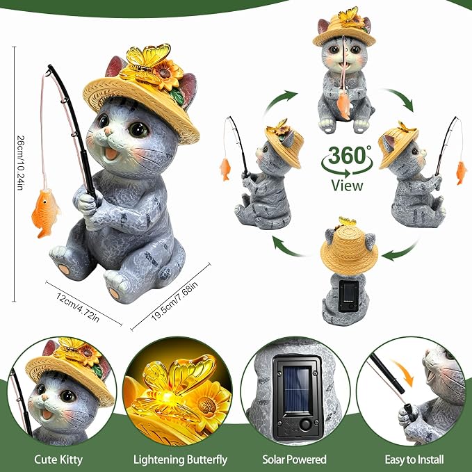 Solar Garden Cat Statues, Outdoor Fishing Cat with Butterfly Solar Lights Waterproof, Birthday Gifts for Cat Lovers Mom Women, Garden Figurines for Yard Decor Patio Porch Lawn Ornaments