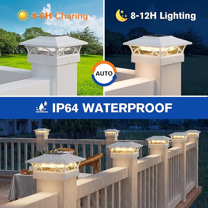 APONUO Solar Post Cap Lights 12 Pack - 4x4 5x5 6x6 Fence Post Lights, Auto On/Off, Waterproof IP64, 2-Mode (Warm/Cool White), Deck Patio Yard Solar Light for Wood & Vinyl Posts, White