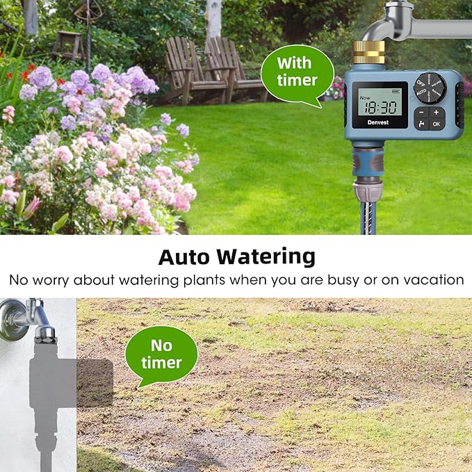 Hose Timer with Brass Inlet & Outlet, Water Timer for Garden Hose Faucet, Sprinkler Timers Outdoor, Irrigation Timers with Rain Delay/Manual for Garden/Outdoor Hose, Yard, Lawns, 1 Outlet