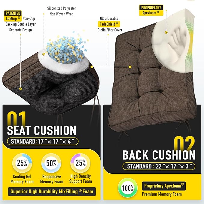 SUNROX Memory Foam Non Slip Rocking Chair Cushion, FadeShield Water Resistant Thicken Durable Tufted Pads, Set of Seat & Back Cushion with Ties for Indoor/Outdoor Rocker, 2 Piece, Heather Chestnut